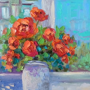 Red Roses Impasto Oil Painting: Floral Still Life on Canvas