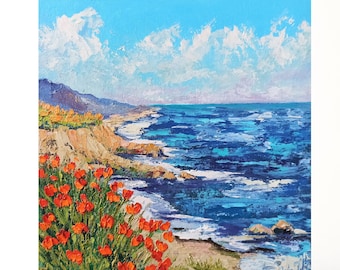 California Painting Seascape Original Artwork California Poppy Oil Painting Laguna Beach Art Ocean Original Painting 25x25cm