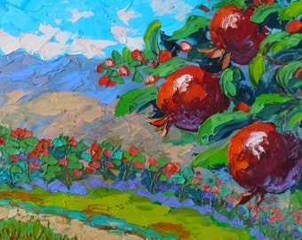 Grenade peinture paysage original art empâtement peinture à l'huile 12 x 12 pouces grenade sur arbre Artwok peint à la main par Inna Bebrisa
