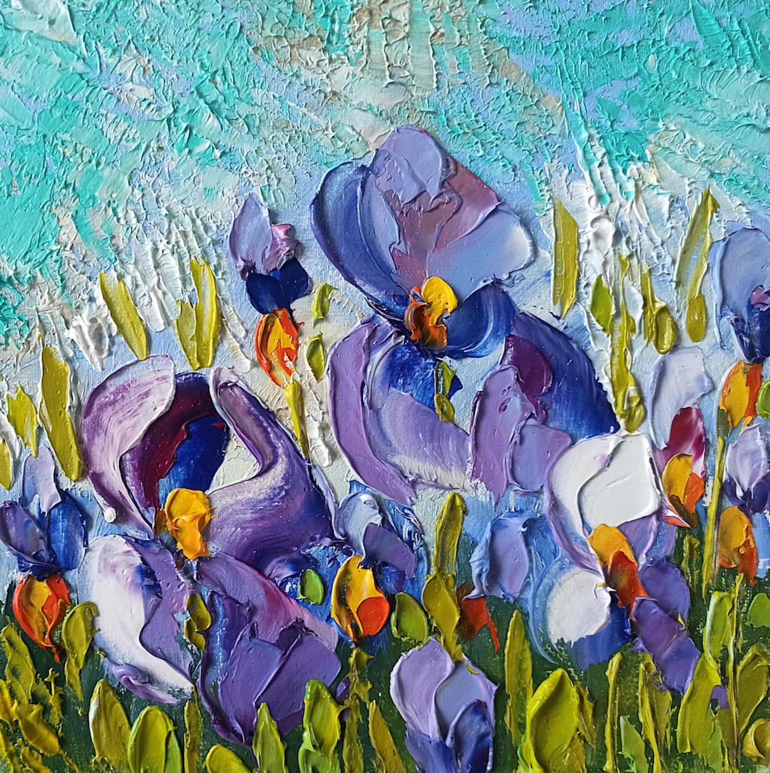 Impasto Iris Oil Painting: Floral Still Life Art, 20x20cm - Etsy
