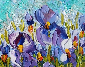 Impasto Iris Oil Painting: Floral Still Life Art, 20x20cm