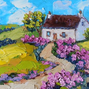 Scottish Countryside Cottage Original Oil Painting on Panel 8x8 in by Inna Bebrisa