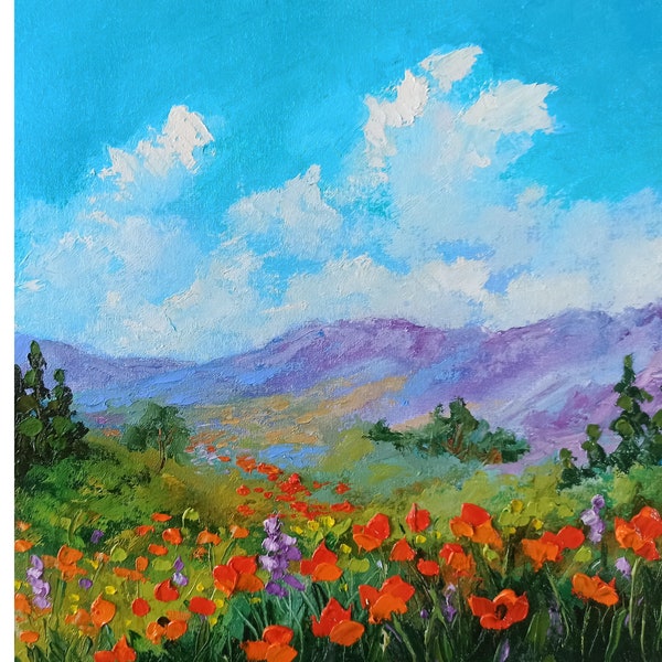 Californie peinture paysage original art empâtement peinture à l'huile coquelicots paysage 30 x 30 cm par Inna Bebrisa