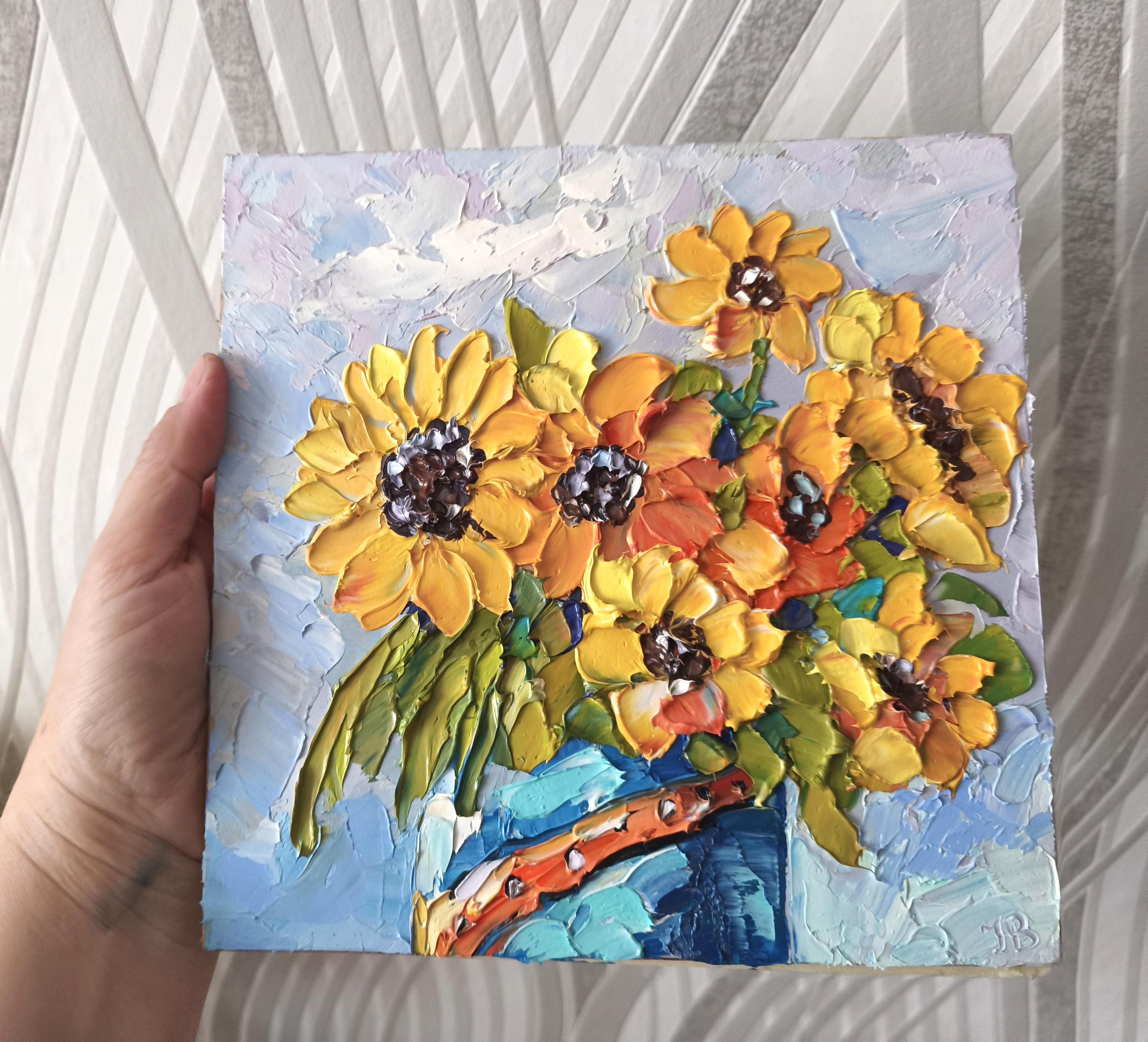 Sunflower Oil Painting Floral Original Art Impasto Artwork 8x8 Inch by ...