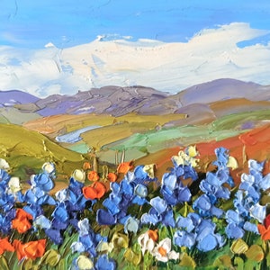 Texas Bluebonnet Impasto Ölgemälde: Originale Wildblumen Landschaft Kunst