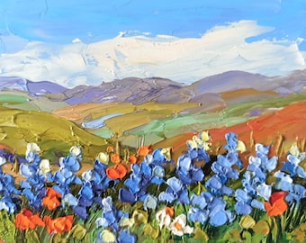 Dipinto ad olio impasto "Texas Bluebonnet": originale opera d'arte di paesaggi di fiori selvatici