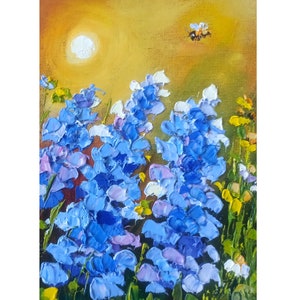 Bluebonnets Ölgemälde: Honigbiene Impasto Kunstwerk, 18 x 12 cm