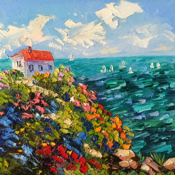 Beach House Painting Seascape Original Art Impasto Oil Painting on Canvas board 24x30cm Hand Painted Artwork by Inna Bebrisa