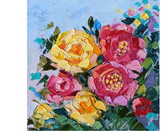 Pivoines, peinture de fleurs, peinture à l'huile sur toile, empâtement, 30 x 30 cm, oeuvre peinte à la main par Inna Bebrisa