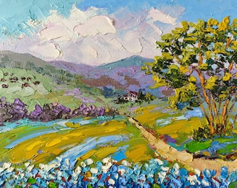 Dipinto a olio a impasto "Texas Bluebonnet": paesaggio originale, 24 x 30 cm.