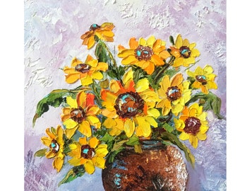 Tournesol, peinture florale originale, empâtement de fleurs, peinture à l'huile 30 x 30 cm, oeuvre peinte à la main par Inna Bebrisa