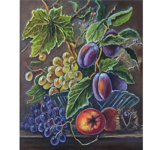 Plums Painting Fruits Original Art Grape Oil Painting on Canvas 50x40cm Hand Painted Artwork by Inna Bebrisa