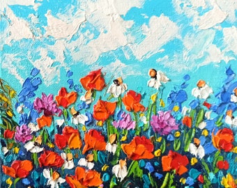 Wildflower Painting Flower Original Artwork Floral Oil Painting Meadow Landscape Impasto Original Painting 15x15cm by Inna Bebrisa