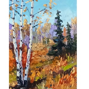 Brzozy w stylu impasto, obraz olejny: Vermont Landscape Art, 12x8