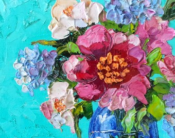 Peony Oil Painting Hydrangea Original Floral Art on Canvas Board (20x20cm)