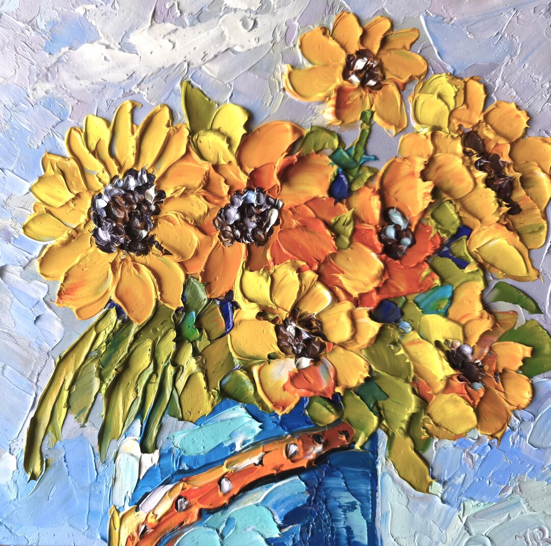 Sunflower Oil Painting Floral Original Art Impasto Artwork 8x8 Inch by ...