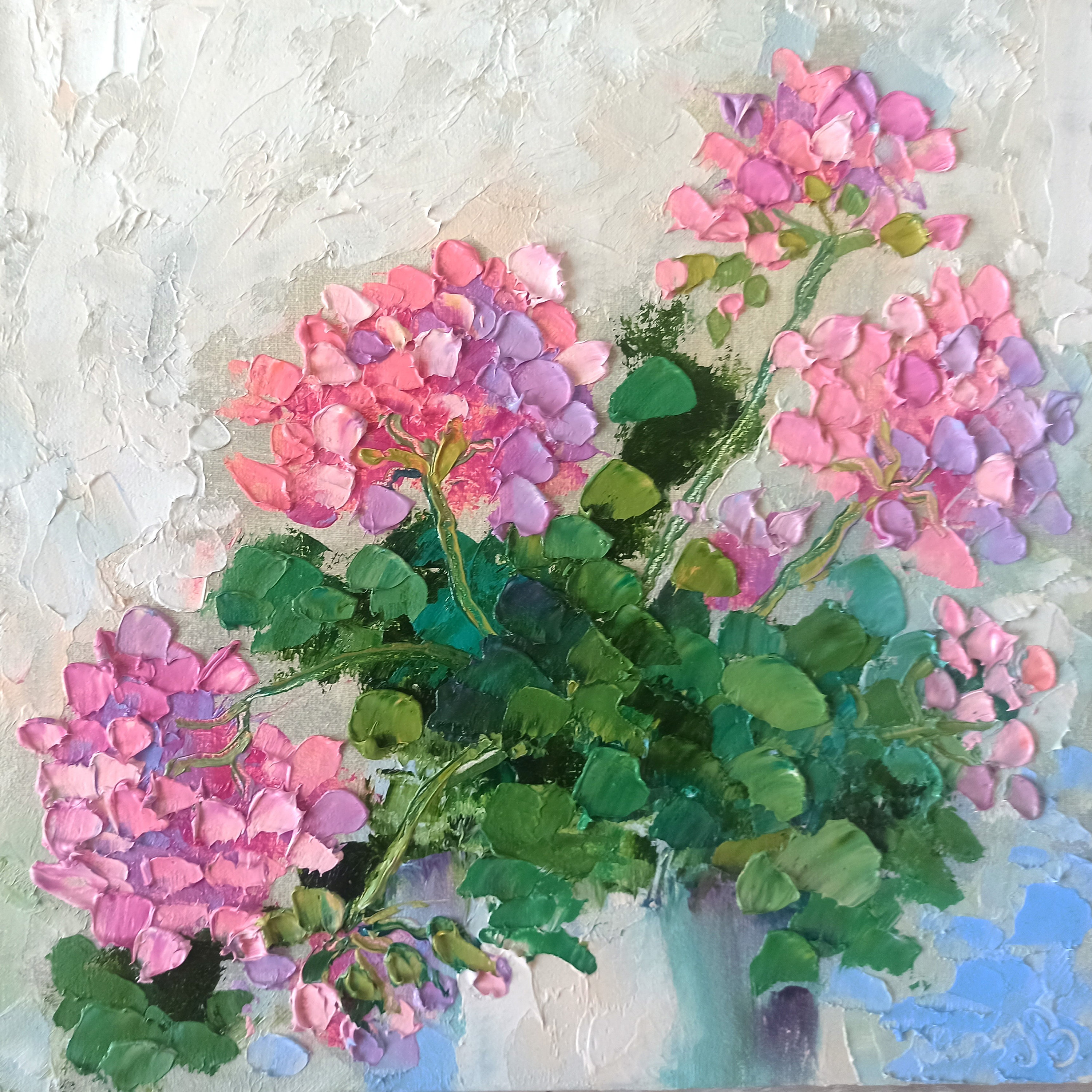 Geranium Painting Flower Original Art Impasto Oil Painting 10x10in Hand Painted Artwork by Inna Bebrisa