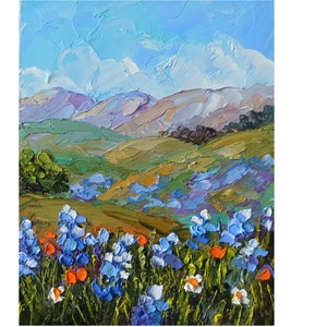 Bluebonnet Impasto Ölgemälde: Texas Landschaft Kunst, 20x15 cm