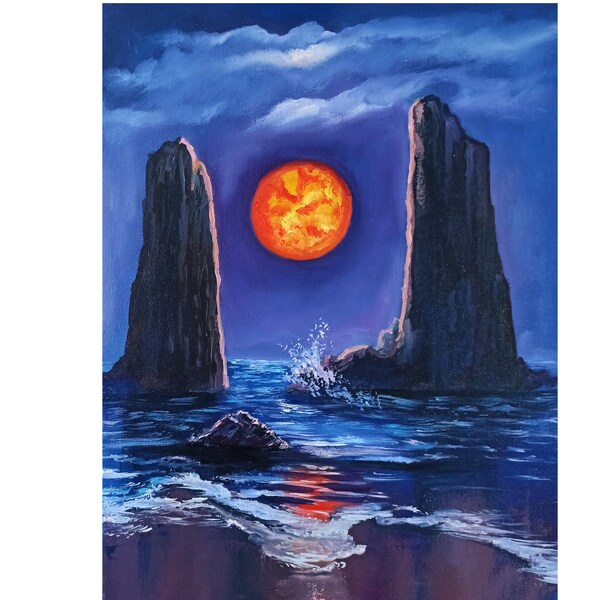 Moonlight Painting Seascape Original Art Full Moon Oil Painting on Canvas Original Artwork 40x30cm
