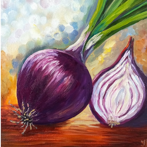 Onion Painting Original Art Onion Still Life Oil Painting on Canvas board 25x25 cm Hand Painted Artwork by Inna Bebrisa