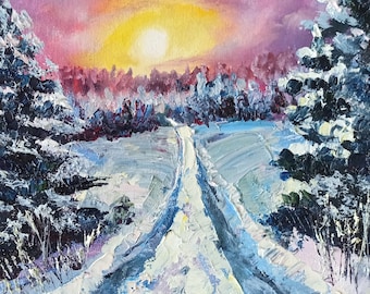 Alaska, peinture à l'huile paysage, art original, scène de neige, peinture originale, 20 x 20 cm, oeuvre peinte à la main par Inna Bebrissa