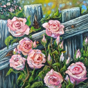 Rosa Rosen Ölgemälde auf Leinwand: Blumen Original Kunst (30 x 30 cm)