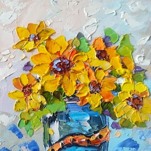 Sunflower Oil Painting Floral Original Art Impasto Artwork 20x20cm by Inna Bebrisa