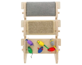 ScratchLadder® Ultimate Cat Scratcher: Seriously Grey Catnip Cushion, Beige Carpet, Felt Mice