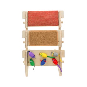 ScratchLadder® Ultimate Cat Scratcher: Red Velvet Catnip Cushion, Brown Carpet, Felt Mice
