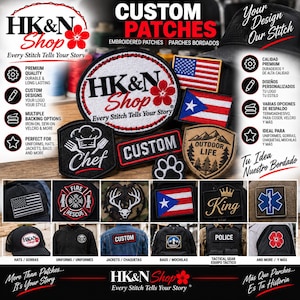 May include: A collection of custom embroidered patches featuring various designs including the HK&N Shop logo, national flags, a chef hat, a paw print, a mountain landscape, a deer skull, a crown, and a medical star, displayed on apparel and gear.