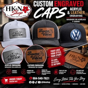 May include: Three baseball caps featuring custom patches: a white cap with a grey acrylic mountain patch reading BUILT DIFFERENT, a black cap with a brown leather patch reading Buena Vibra, and a black cap with a blue and white Volkswagen logo.