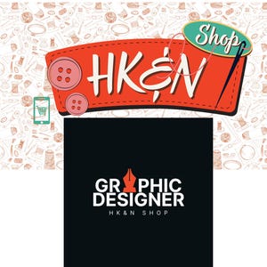 May include: A red and white graphic design shop logo with the text "HK&N Shop" and a needle and thread. The logo is on a white background with a pattern of sewing-related items.