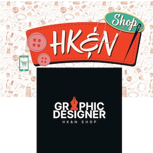 May include: A red and white graphic with the text "HK&N Shop" and a stylized needle and thread. Below the graphic is a black rectangle with the text "GRAPHIC DESIGNER HK&N SHOP" in white.