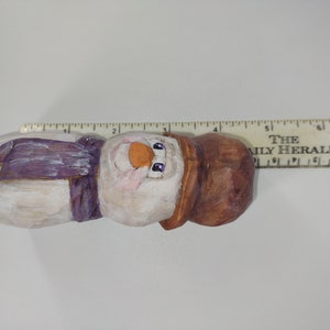 Hand Carved Snowman 4 1/2 Inch Snowman Wearing a Brown Hat and Purple ...