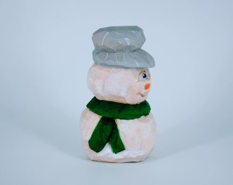 Hand carved Snowman ornament wood carving with green scarf