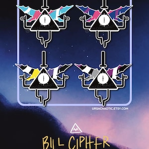 May include: Four holographic stickers featuring the character Bill Cipher. Each sticker has a black outline, a triangle eye, and colourful wings. The text "Bill Cipher" and "2 inch holographic stickers" are at the bottom.