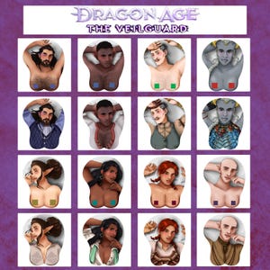 Puede incluir: Un conjunto de 12 alfombrillas de ratón con personajes del videojuego Dragon Age: The Veilguard. Cada alfombrilla de ratón presenta un personaje diferente en una pose relajada, con una variedad de tonos de piel y peinados. Las alfombrillas de ratón son todas rectangulares y tienen un fondo blanco.