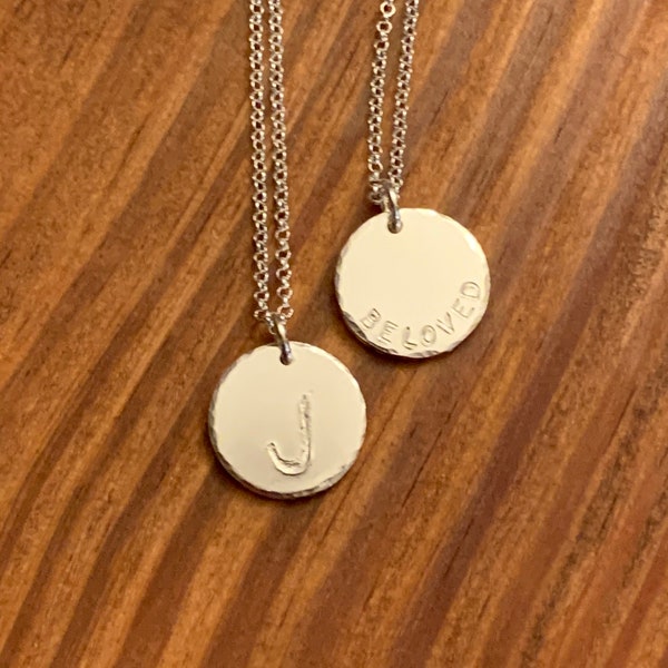 Sterling Silver Hand Stamped and Engraved Initial Necklace, Sterling Silver, Dainty, Beloved, Reversible, Everyday Necklace, 16 Gauge