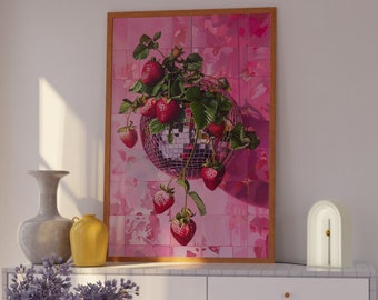Disco Strawberry Print: Girly Coquette Wall Art (Digital Download)