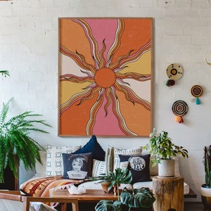 Impresión de arte Sunburst, cartel vintage de los años 70, cartel de moda, ilustración vibrante del sol boho, decoración de pared moderna, arte solar de los años 70