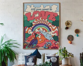 70s Retro Poster: All You Need Is Love, Boho Wall Art