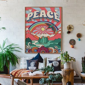 Paz, cartel vintage de los años 70, decoración del hogar retro de los años 70, decoración del hogar de los años 70, arte de pared de los años 70, decoración del hogar boho, decoración del dormitorio de los años 70, años 70
