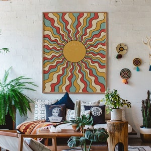 Impresión de lienzo, cartel estético del sol, decoración de dopamina, decoración maximalista, cartel de los años 70, arte solar