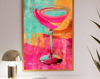 Retro Cocktail Art Print, Pink Turquoise Acrylic Texture, Vintage Wall Decor