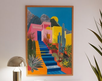 Modern Desert House Art Print: Colorful Southwest Decor