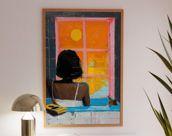 Abstract Woman and Cat in Bath - Colorful Window View Art Print, High-Resolution JPG, Digital Download, Modern Wall Decor