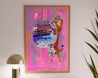 Tiger on Disco Ball Art Print: Vibrant Pink Decor