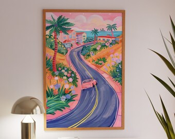 Coastal Road Art Print: Pastel Beach Scene, Matisse Style