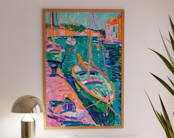 Colorful Mediterranean Harbor Scene Oil Painting, Vibrant Modern Wall Art, Handcrafted Unique Artwork