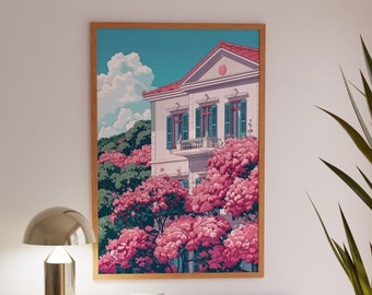 Vintage Villa Art Print, Pink Blooming Trees, Serene Architecture